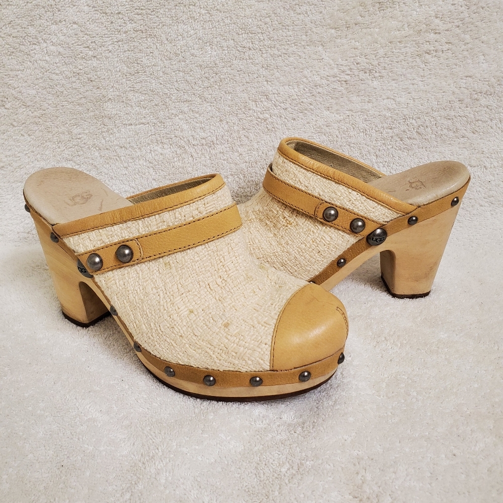UGG Jolene ivory/tan wooden clog block heels slip on mules size 7